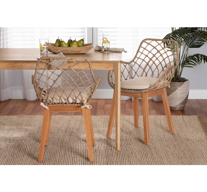 Baxton Studio Ballerina Modern Bohemian Greywashed Rattan and Natural Brown Finished Wood 2-Piece Dining Chair Set - Lifestyle