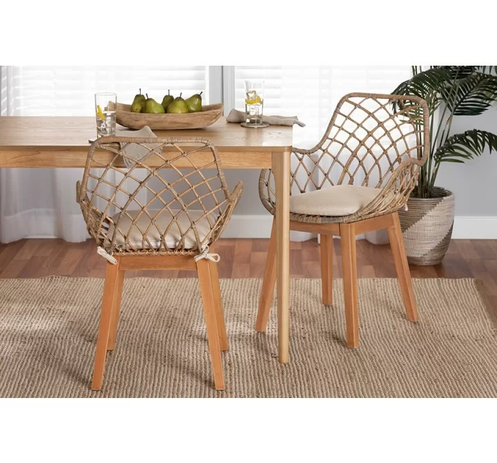 Baxton Studio Ballerina Modern Bohemian Greywashed Rattan and Natural Brown Finished Wood 2-Piece Dining Chair Set - Lifestyle
