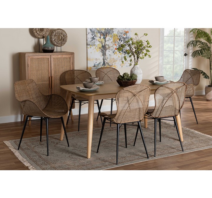 Baxton Studio Emmali Modern Bohemian Greywashed Rattan and Natural Brown Finished Wood 7-Piece Dining Set - Lifestyle