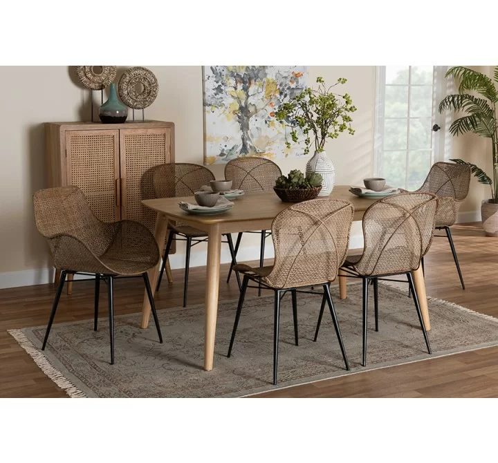 Baxton Studio Emmali Modern Bohemian Greywashed Rattan and Natural Brown Finished Wood 7-Piece Dining Set - Lifestyle