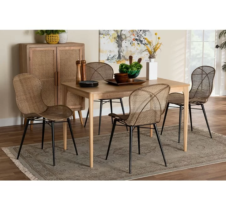 Baxton Studio Sabelle Japandi Natural Brown Finished Wood and Greywashed Rattan 5-Piece Dining Set - Lifestyle