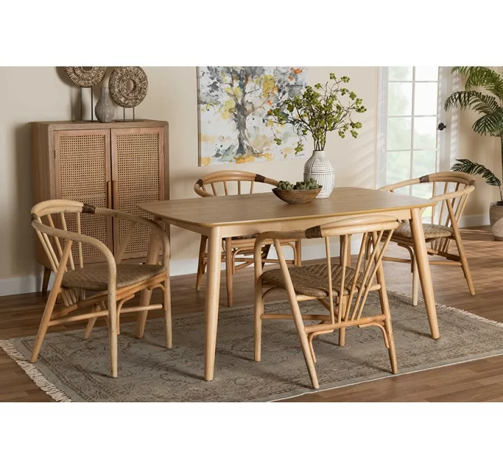 Baxton Studio Kyoto Modern Bohemian Natural Brown Finished Wood and Rattan 5-Piece Dining Set - Lifestyle