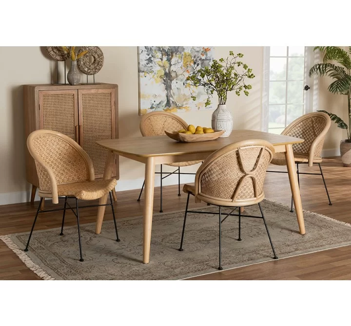 Baxton Studio Lisa Modern Bohemian Natural Brown Rattan and Black Metal 5-Piece Dining Set - Lifestyle
