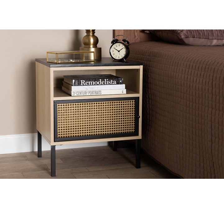 Baxton Studio Felton Mid-Century Modern Two-Tone Black and Gold Metal and Light Brown Finished Wood 1-Door End Table - Lifestyle