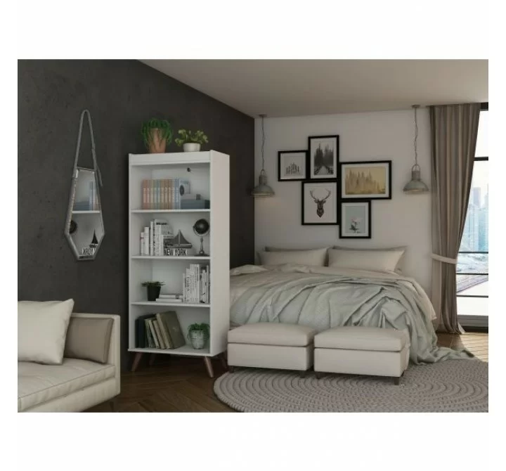 Manhattan Comfort Hampton 4-Tier Bookcase with Solid Wood Legs in White