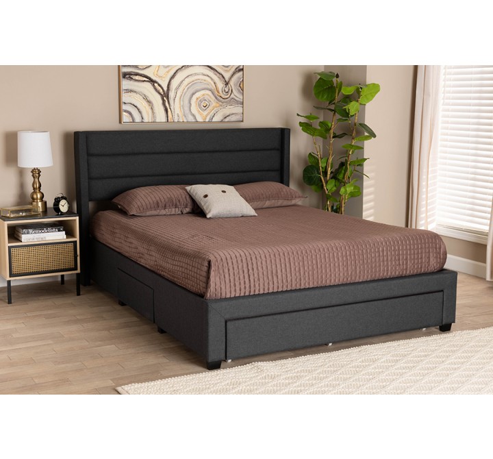 Baxton Studio Braylon Mid-Century Modern Transitional Charcoal Grey Fabric and Dark Brown Finished Wood Queen Size 3-Drawer Storage Platform Bed - Lifestyle