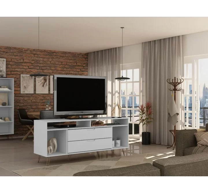 Manhattan Comfort Rockefeller 62.99 TV Stand with Metal Legs and 2 Drawers in White