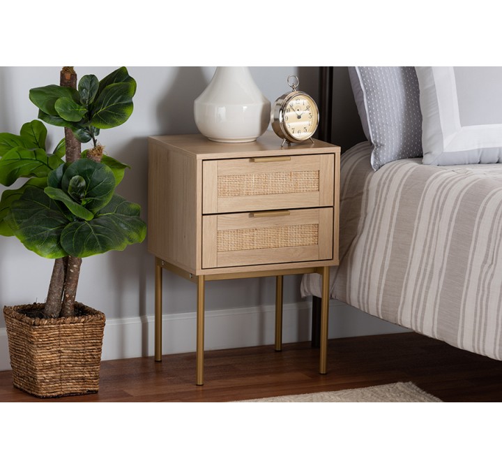 Baxton Studio Dewitt Japandi Light Brown Finished Wood and Gold Metal 2-Drawer End Table - Lifestyle