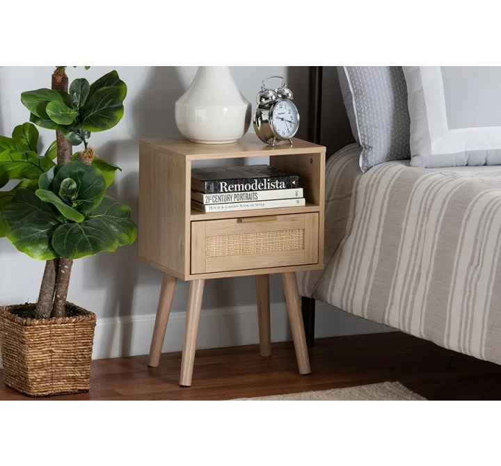 Baxton Studio Emmett Mid-Century Modern Light Brown Finished Wood 1-Drawer End Table - Front Side Angle