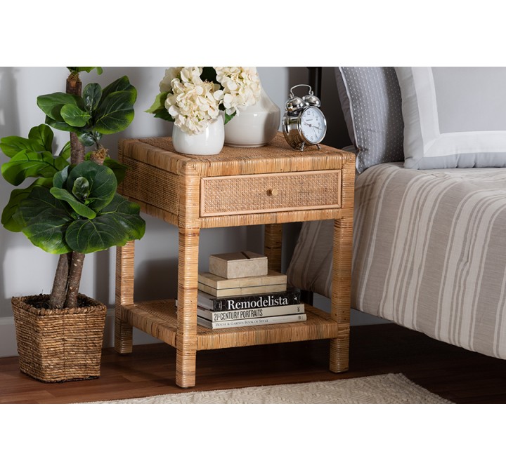 Baxton Studio Adelia Modern Bohemian Natural Rattan and Mahogany Wood 1-Drawer Nightstand - Lifestyle
