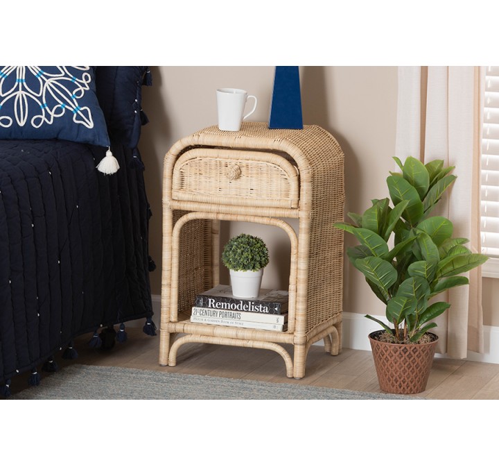 Baxton Studio Magni Modern Bohemian Natural Brown Rattan 1-Drawer Nightstand - Lifestyle