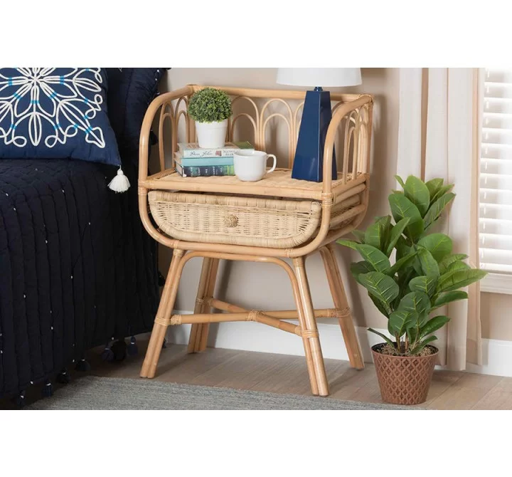 Baxton Studio Panchali Modern Bohemian Natural Brown Rattan Nightstand - Lifestyle