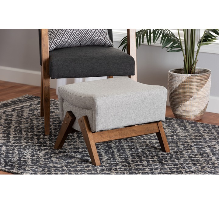 Baxton Studio Hanson Mid-Century Modern Light Grey Fabric and Walnut Brown Finished Wood Ottoman - Lifestyle