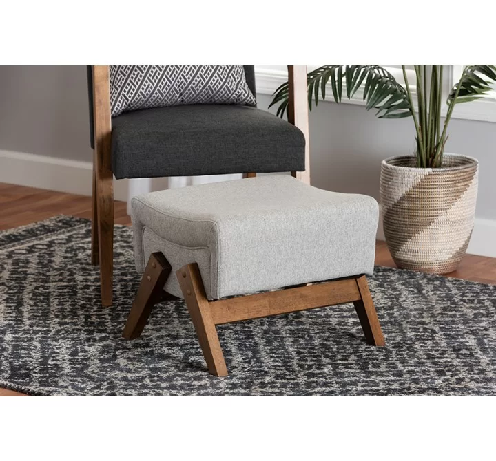 Baxton Studio Hanson Mid-Century Modern Light Grey Fabric and Walnut Brown Finished Wood Ottoman - Lifestyle