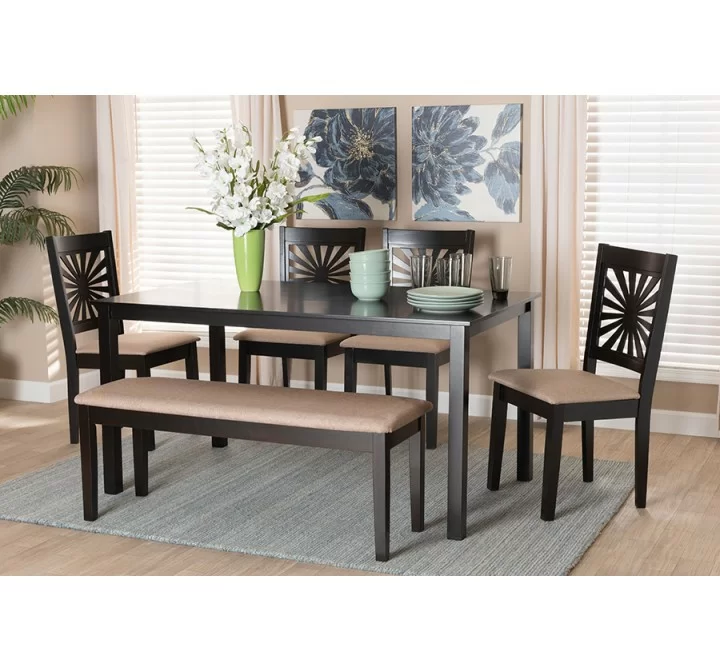 Baxton Studio Olympia Modern Beige Fabric and Espresso Brown Finished Wood 6-Piece Dining Set - Lifestyle