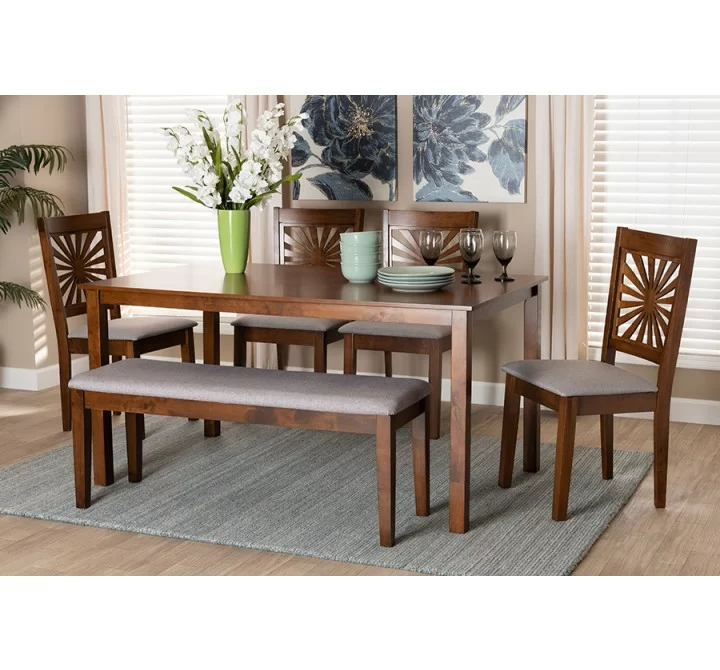 Baxton Studio Olympia Modern Grey Fabric and Walnut Brown Finished Wood 6-Piece Dining Set - Lifestyle