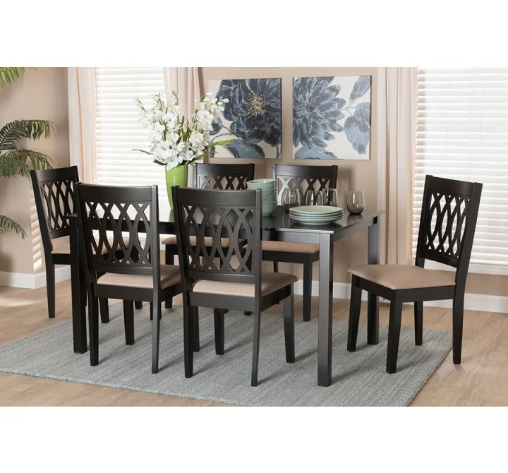 Baxton Studio Florencia Modern Beige Fabric and Espresso Brown Finished Wood 7-Piece Dining Set - Lifestyle