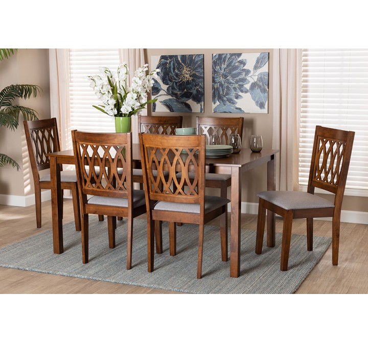 Baxton Studio Florencia Modern Grey Fabric and Walnut Brown Finished Wood 7-Piece Dining Set - Lifestyle