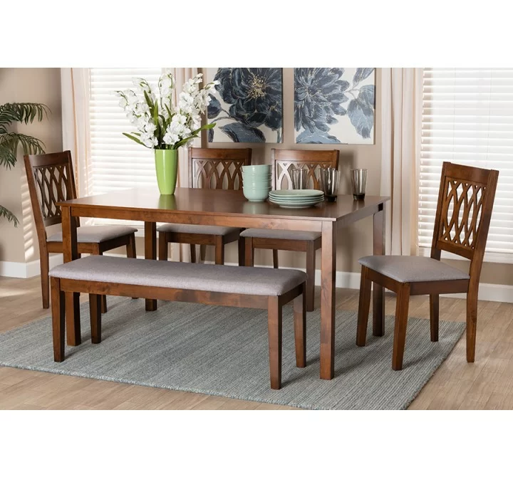 Baxton Studio Florencia Modern Grey Fabric and Walnut Brown Finished Wood 6-Piece Dining Set - Lifestyle