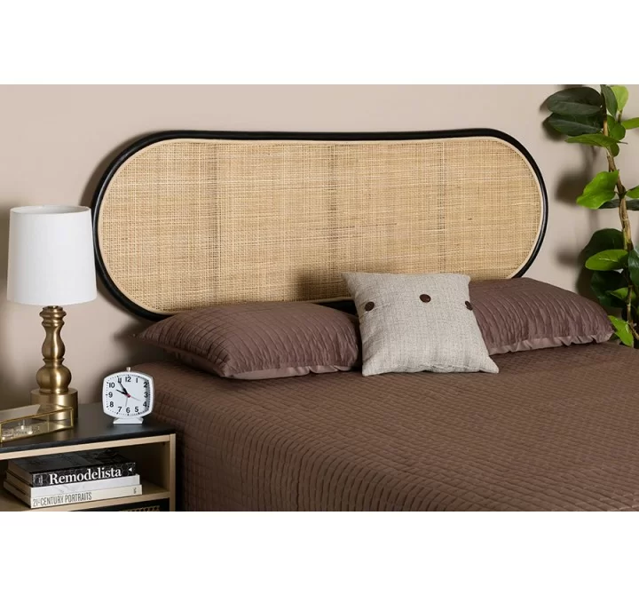 Baxton Studio Reegan Modern Bohemian Two-Tone Black and Natural Brown Rattan Queen Size Standalone Headboard - Lifestyle
