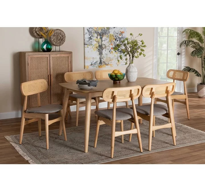 Baxton Studio Tarana Mid-Century Modern Grey Fabric and Natural Oak Finished Wood 7-Piece Dining Set - Lifestyle