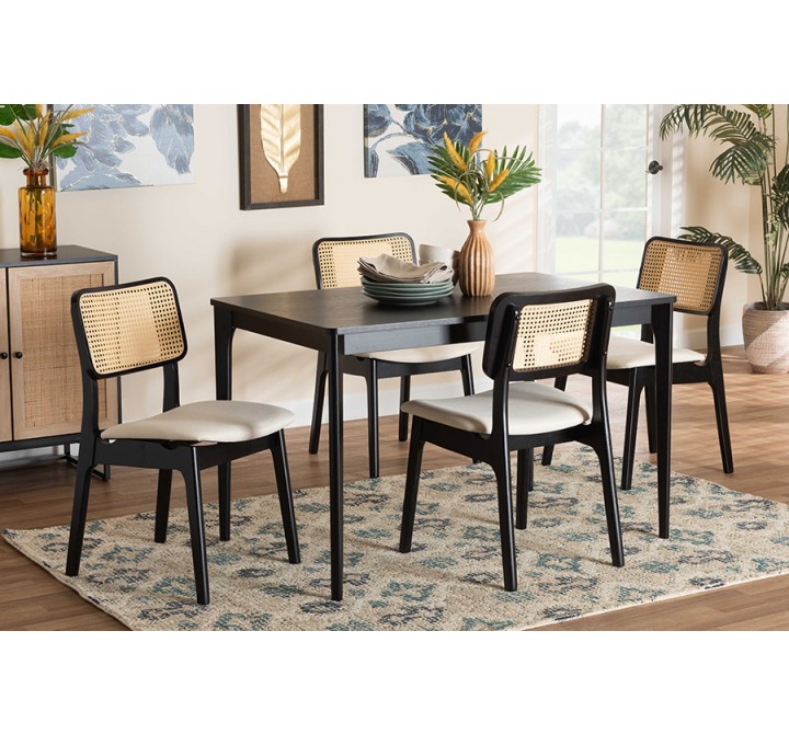 Baxton Studio Dannon Mid-Century Modern Cream Fabric and Black Finished Wood 5-Piece Dining Set - Lifestyle