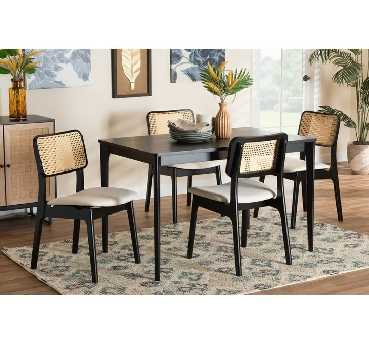 Baxton Studio Dannon Mid-Century Modern Cream Fabric and Black Finished Wood 5-Piece Dining Set - Lifestyle