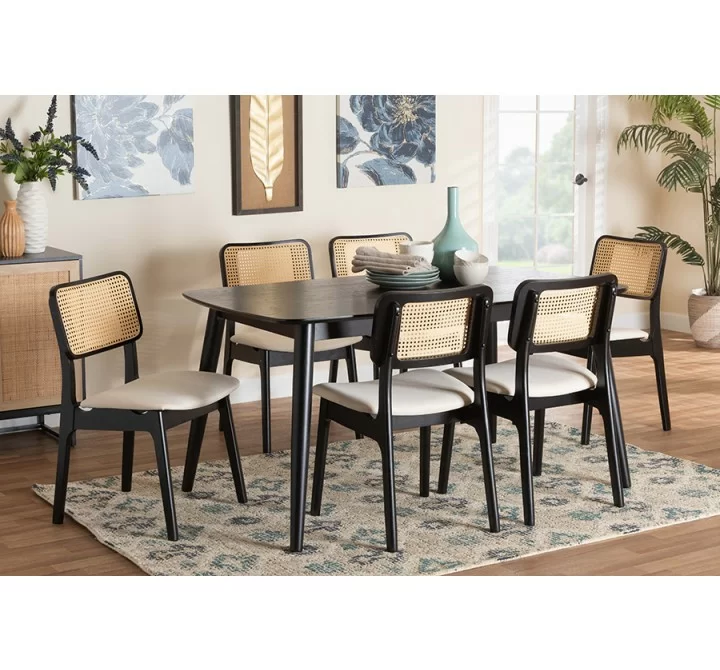 Baxton Studio Dannon Mid-Century Modern Cream Fabric and Black Finished Wood 7-Piece Dining Set  - Lifestyle