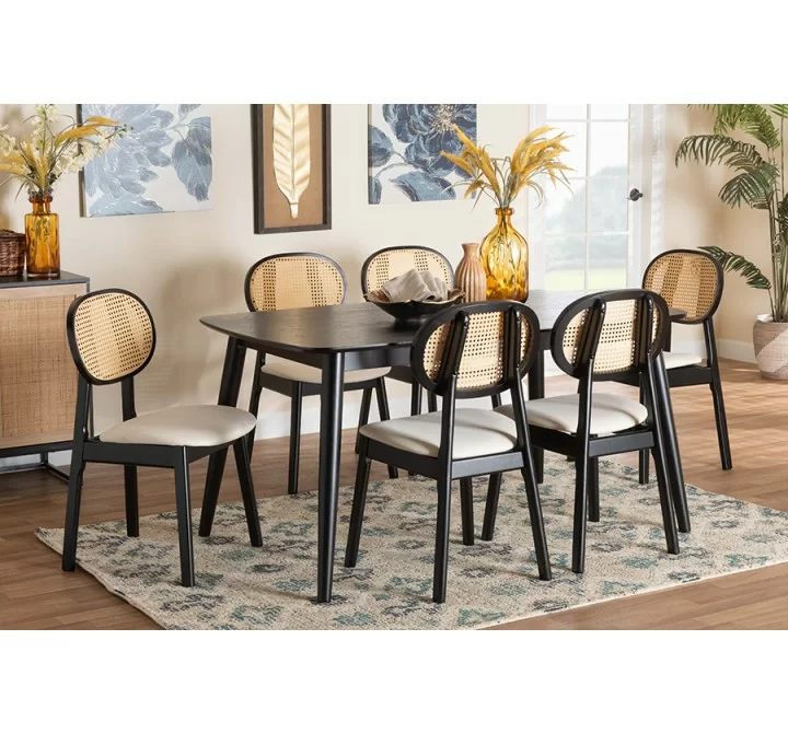 Baxton Studio Darrion Mid-Century Modern Cream Fabric and Black Finished Wood 7-Piece Dining Set - Lifestyle