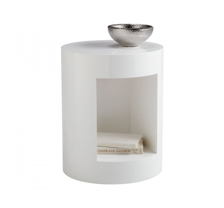 Sunpan Beacon End Table - High Gloss White - Front Side Angle with Decor