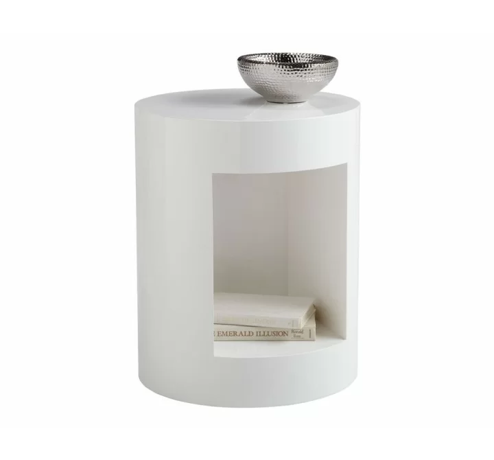 Sunpan Beacon End Table - High Gloss White - Front Side Angle with Decor