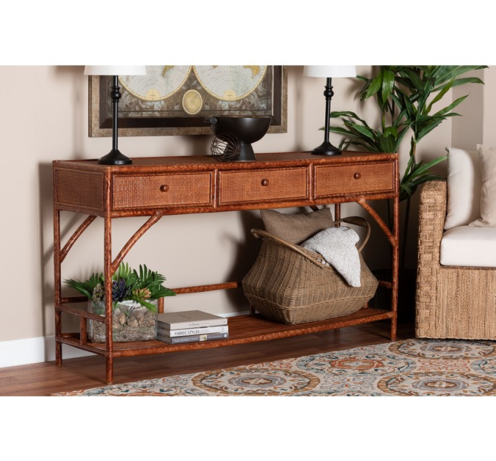 Baxton Studio Bali and Pari Brier Marbled Tortoise Natural Rattan Console Table - Lifestyle