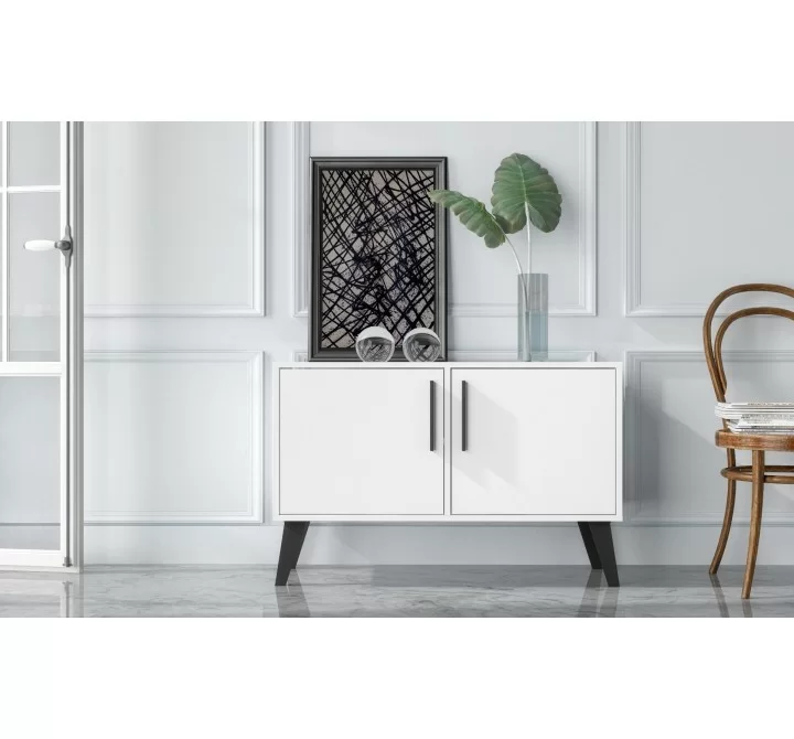 Manhattan Comfort Mid-Century- Modern Amsterdam Double Side Table 2.0 with 3 Shelves in White
