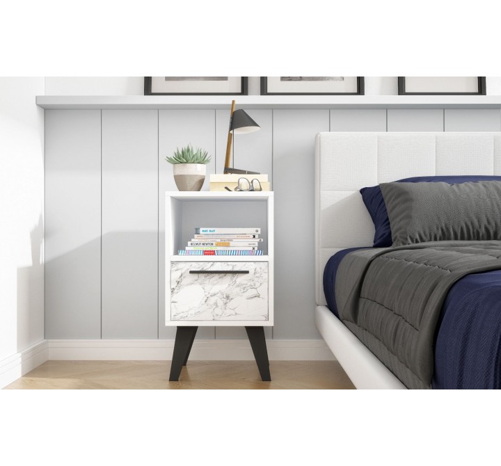 Manhattan Comfort Mid-Century- Modern Amsterdam Nightstand 1.0 with 1 Shelf in White Marble