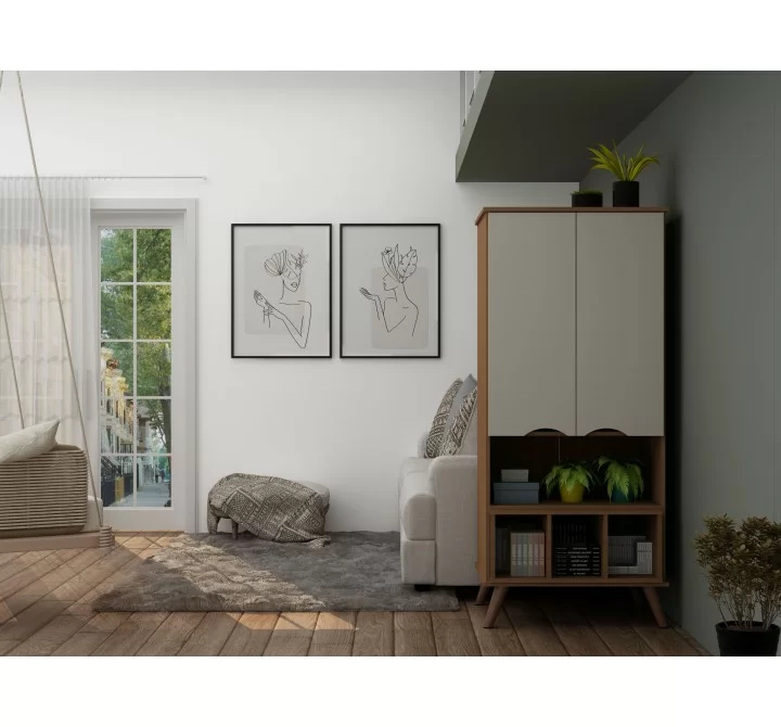 Manhattan Comfort Hampton 26.77 Display Cabinet 6 Shelves and Solid Wood Legs in Off White and Maple Cream