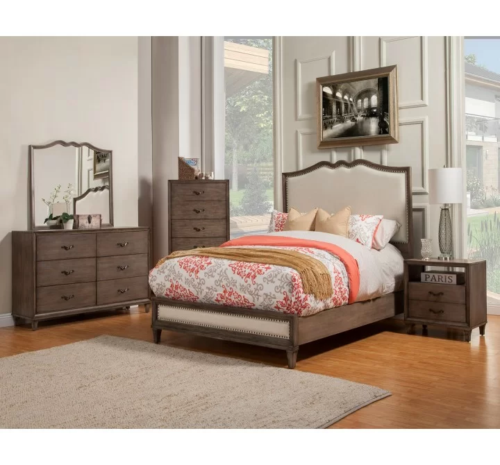 Alpine Furniture Charleston Queen Panel Bed w/Upholstered Head & Footboard, Antique Grey - Lifestyle