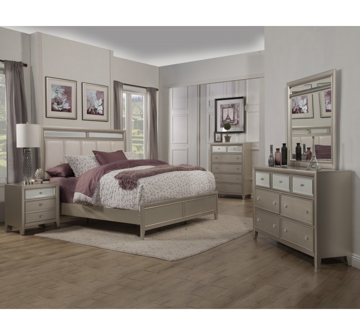 Alpine Furniture Silver Dreams Queen / Standard King Panel Bed w/Upholstered Headboard, Silver - Lifestyle