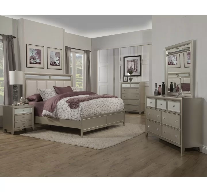 Alpine Furniture Silver Dreams Queen / Standard King Panel Bed w/Upholstered Headboard, Silver - Lifestyle