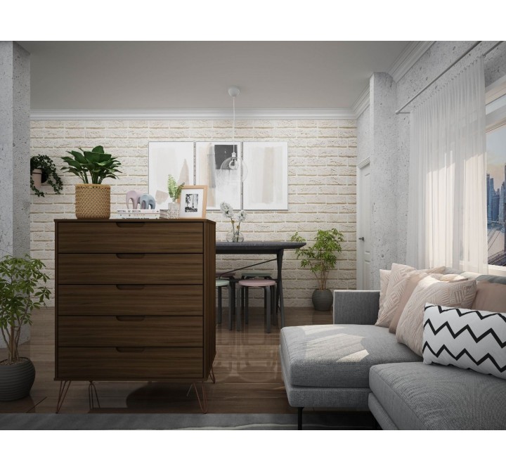 Manhattan Comfort Rockefeller 5-Drawer Tall Dresser with Metal Legs In Brown Front