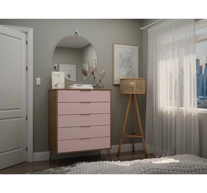 Manhattan Comfort Rockefeller 5-Drawer Tall Dresser with Metal Legs In Pink Front
