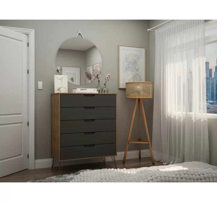 Manhattan Comfort Rockefeller 5-Drawer Tall Dresser with Metal Legs In Grey