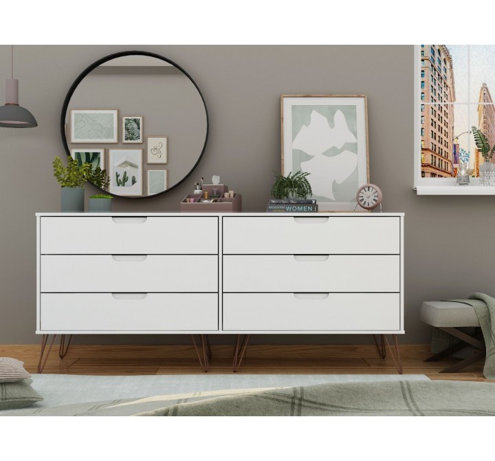 Manhattan Comfort Rockefeller 6-Drawer Double Low Dresser with Metal Legs in White
