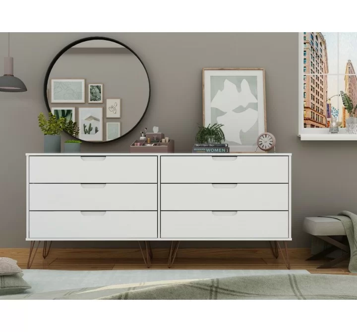 Manhattan Comfort Rockefeller 6-Drawer Double Low Dresser with Metal Legs in White