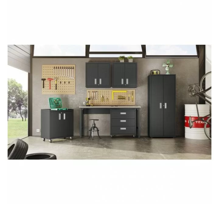 Manhattan Comfort 3-Piece Fortress Mobile Space-Saving Steel Garage Cabinet and Worktable 2.0 in Charcoal Grey Set