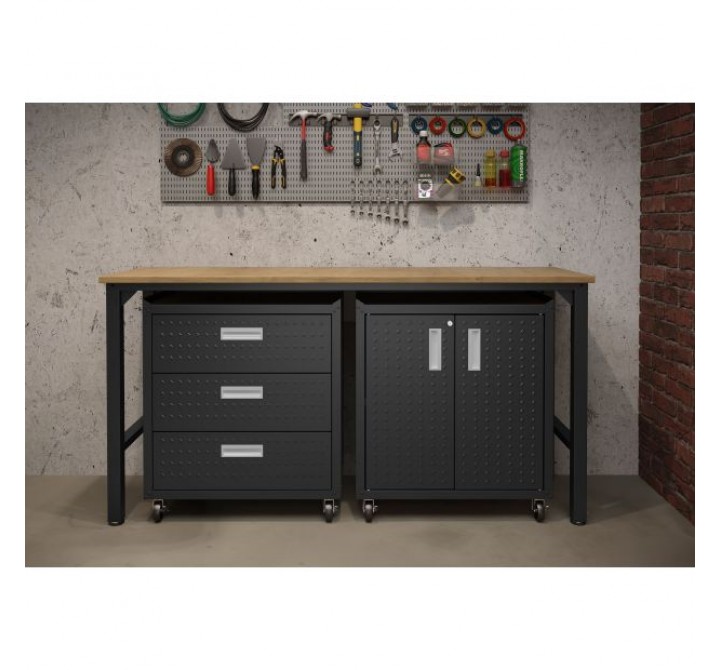 Manhattan Comfort 3-Piece Fortress Mobile Space-Saving Steel Garage Cabinet and Worktable 3.0 in Charcoal Grey