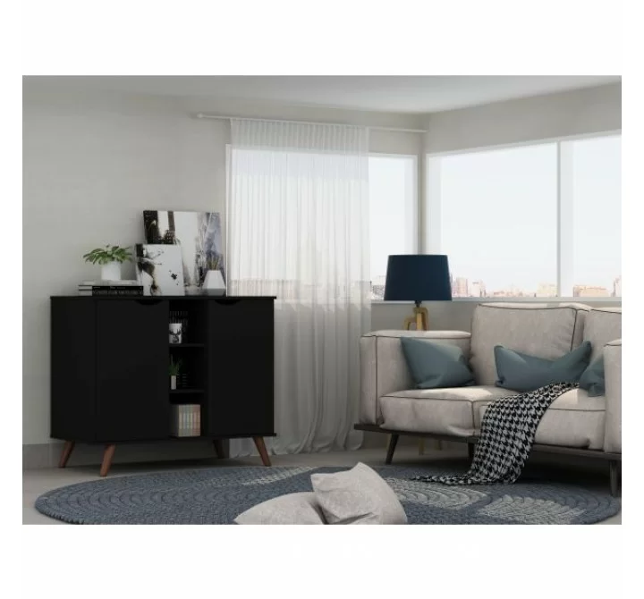 Manhattan Comfort Hampton 39.37 Buffet Stand Cabinet with 7 Shelves and Solid Wood Legs in Black
