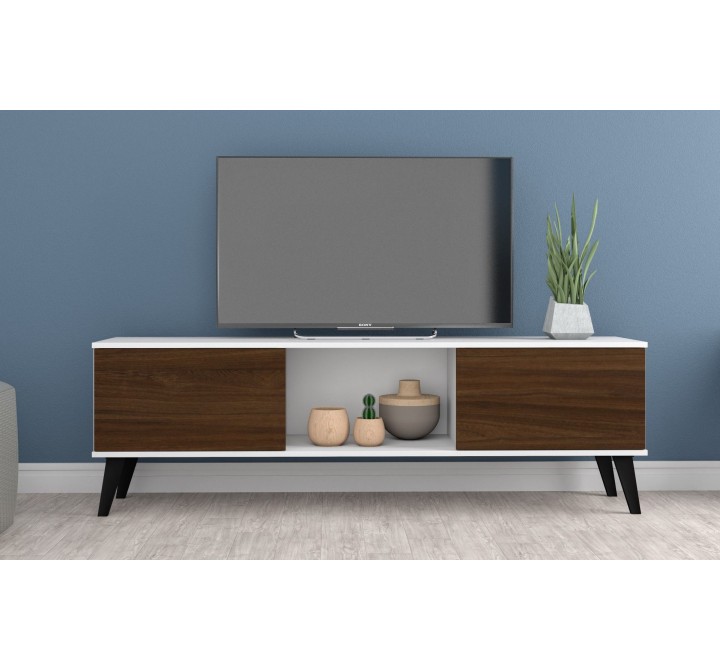 Manhattan Comfort Doyers 62.20 Mid-Century Modern TV Stand in White and Nut Brown