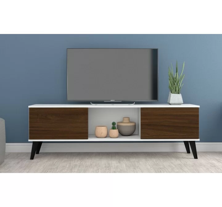 Manhattan Comfort Doyers 62.20 Mid-Century Modern TV Stand in White and Nut Brown