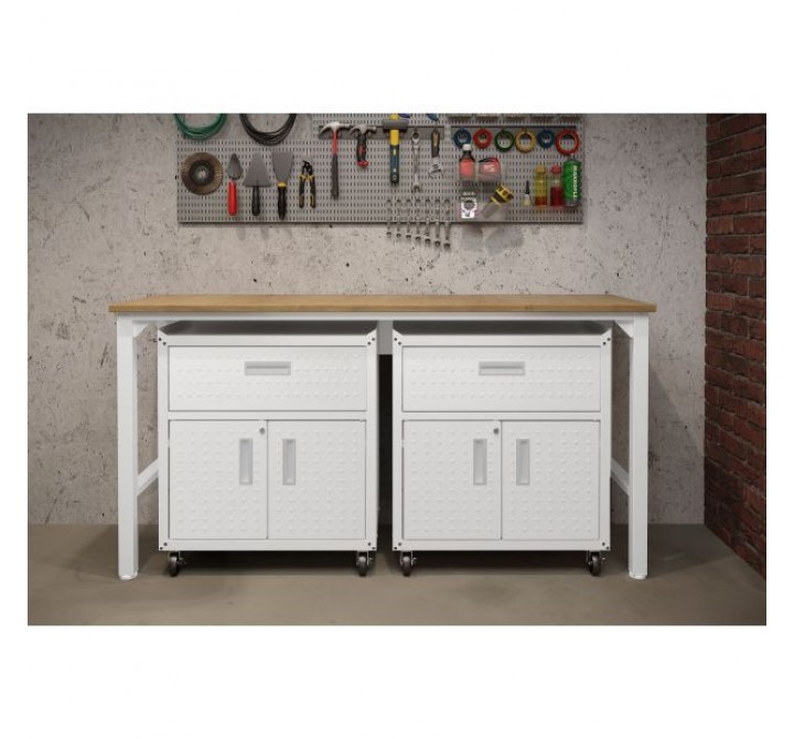 Manhattan Comfort 3-Piece Fortress Mobile Space-Saving Steel Garage Cabinet and Worktable 4.0 in White