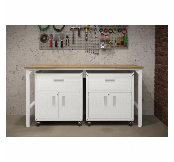 Manhattan Comfort 3-Piece Fortress Mobile Space-Saving Steel Garage Cabinet and Worktable 4.0 in White